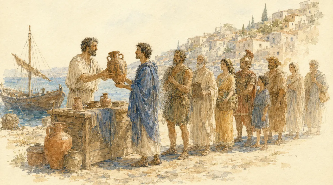 Watercolor renaissance . file de clients qui paient au comptoir d'agora antique (CH2 GTM)