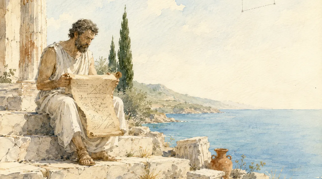 Watercolor renaissance . philosophe sur falaise face à la mer méditerranée (CH1 LEAN)