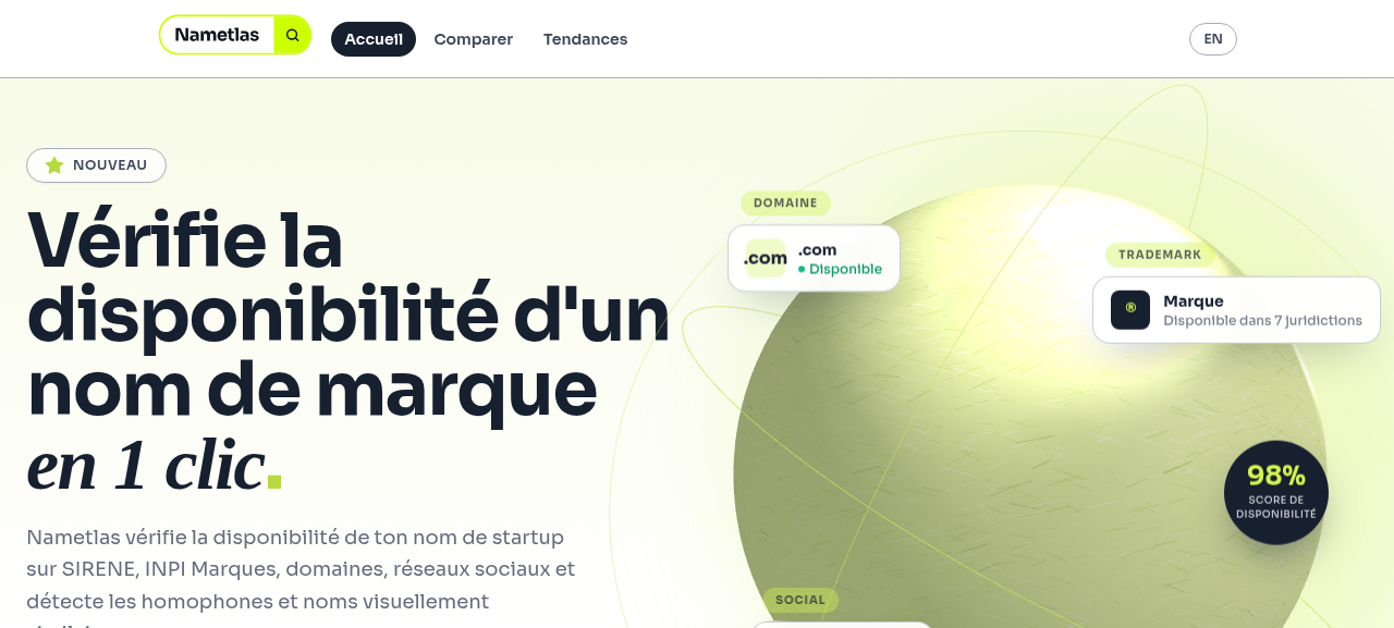 Aperçu de Nametlas, l'outil de vérification de nom de marque par swanbase