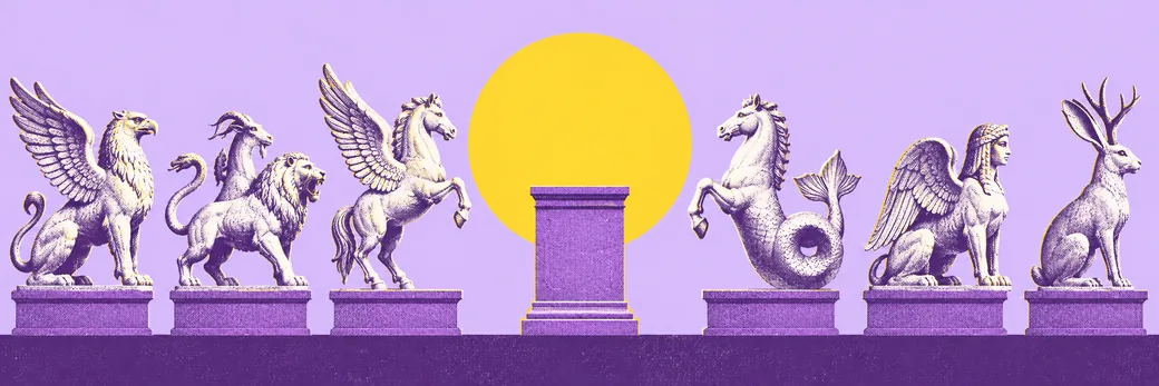 Illustration riso : six statues d'animaux impossibles en marbre sur leurs socles, et au centre un socle vide devant un soleil jaune