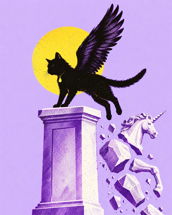 Illustration riso : un chat noir ailé prend la place d'une licorne en marbre qui tombe de son socle et se brise
