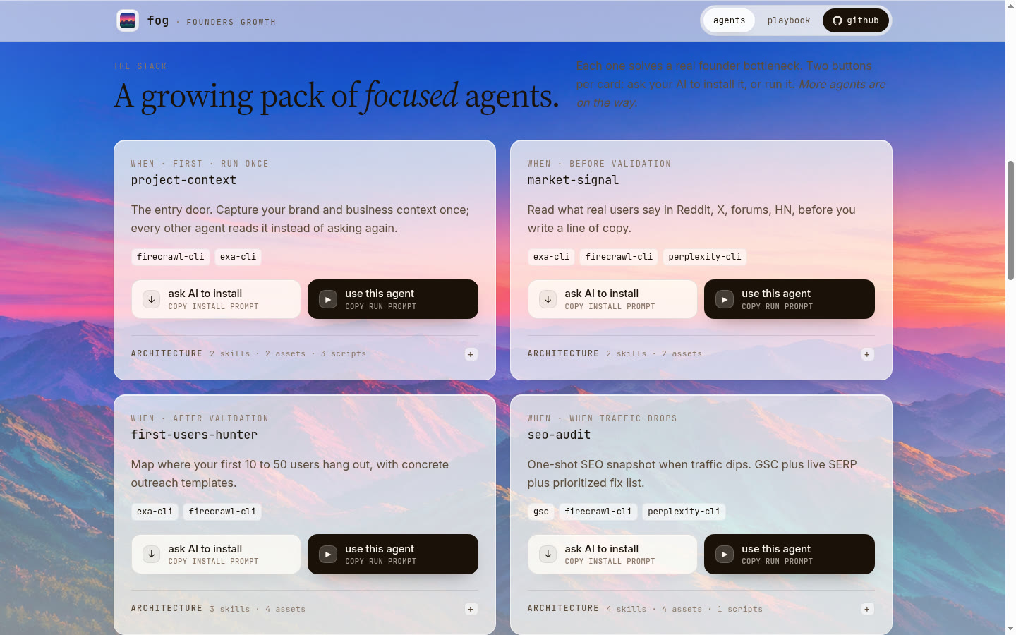 Les cartes des agents fog sur fog-agents.com, avec les boutons d'installation et de lancement