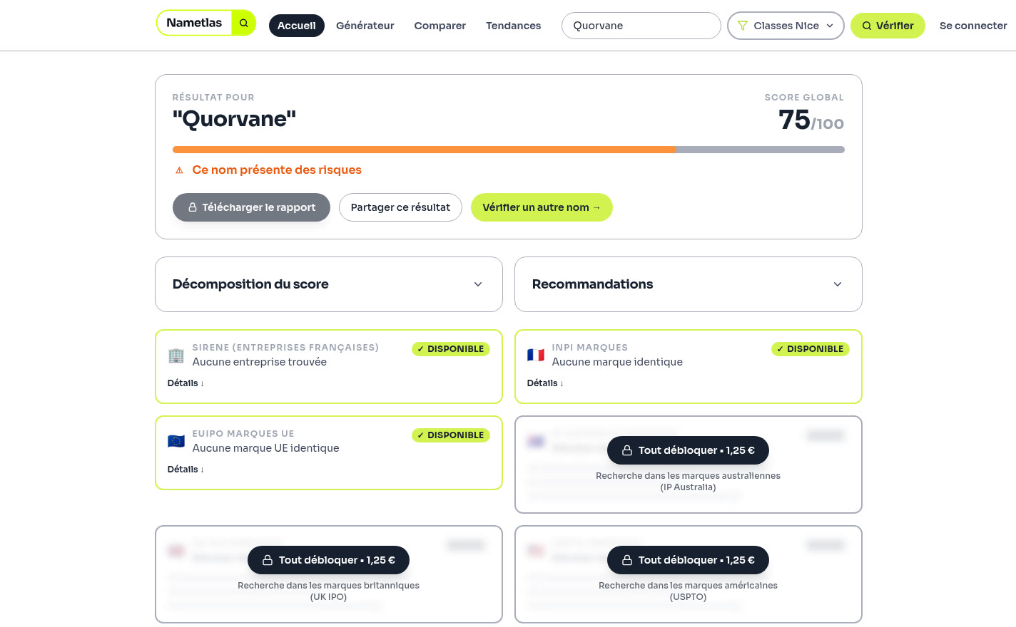 Page de résultat Nametlas avec le score global, les sources gratuites et les sources à débloquer