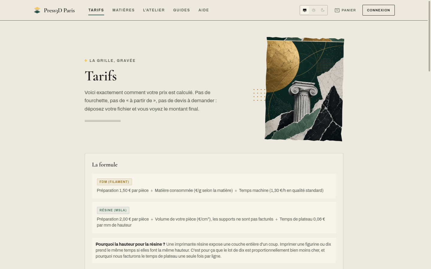 Page Tarifs de Press3D Paris, avec la formule de prix FDM et résine